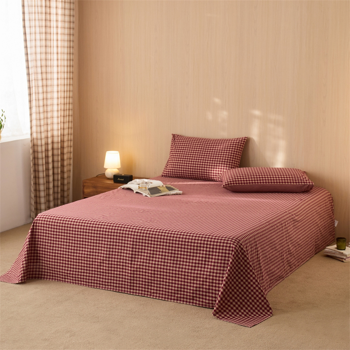 91家纺网 家纺一手货源 找家纺 启程家纺 2026新款纯棉水洗棉复古小格多规格系列单品床单 复古小格-红