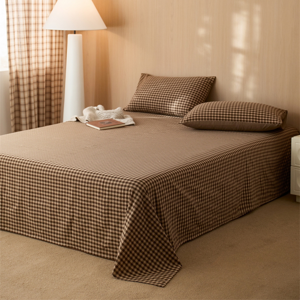 91家纺网 家纺一手货源 找家纺 启程家纺 2026新款纯棉水洗棉复古小格多规格系列单品床单 复古小格-咖