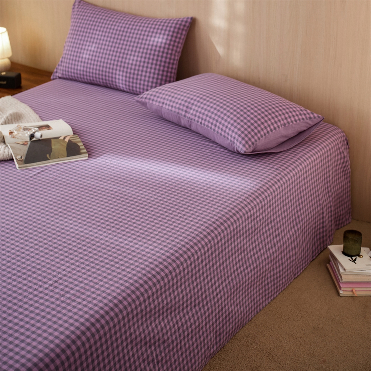 91家纺网 家纺一手货源 找家纺 启程家纺 2026新款纯棉水洗棉复古小格多规格系列单品床单 复古小格-紫