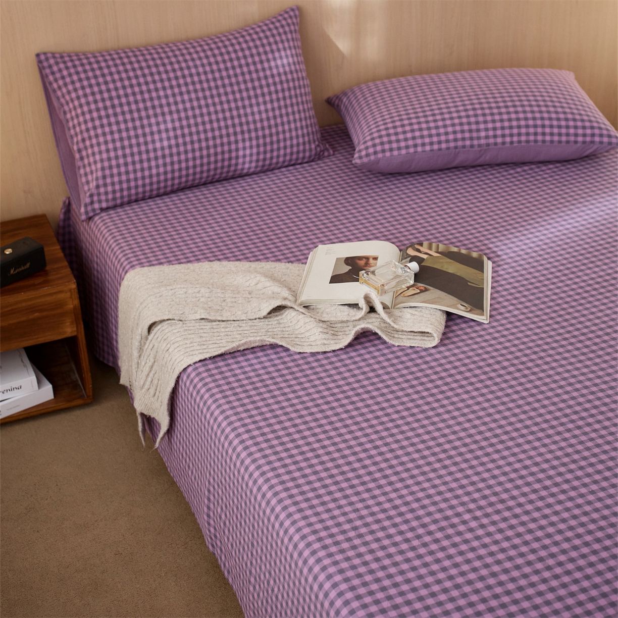 91家纺网 家纺一手货源 找家纺 启程家纺 2026新款纯棉水洗棉复古小格多规格系列单品床单 复古小格-紫