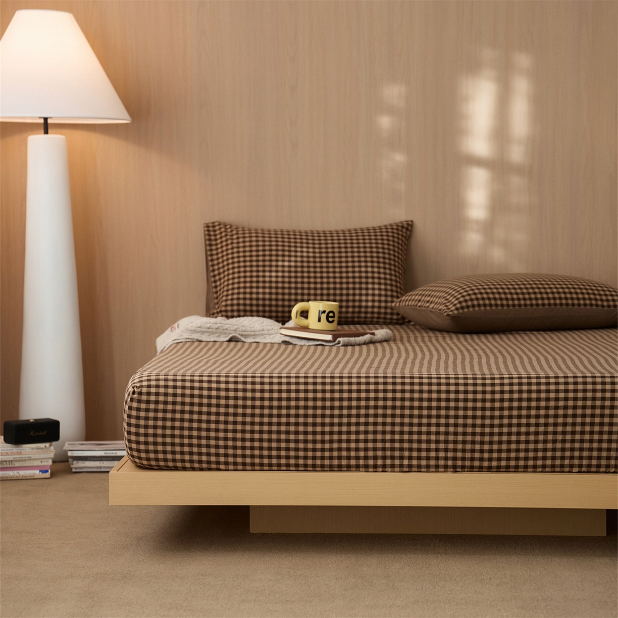 91家纺网 家纺一手货源 找家纺 启程家纺 2026新款纯棉水洗棉复古小格多规格系列单品床笠 复古小格-咖