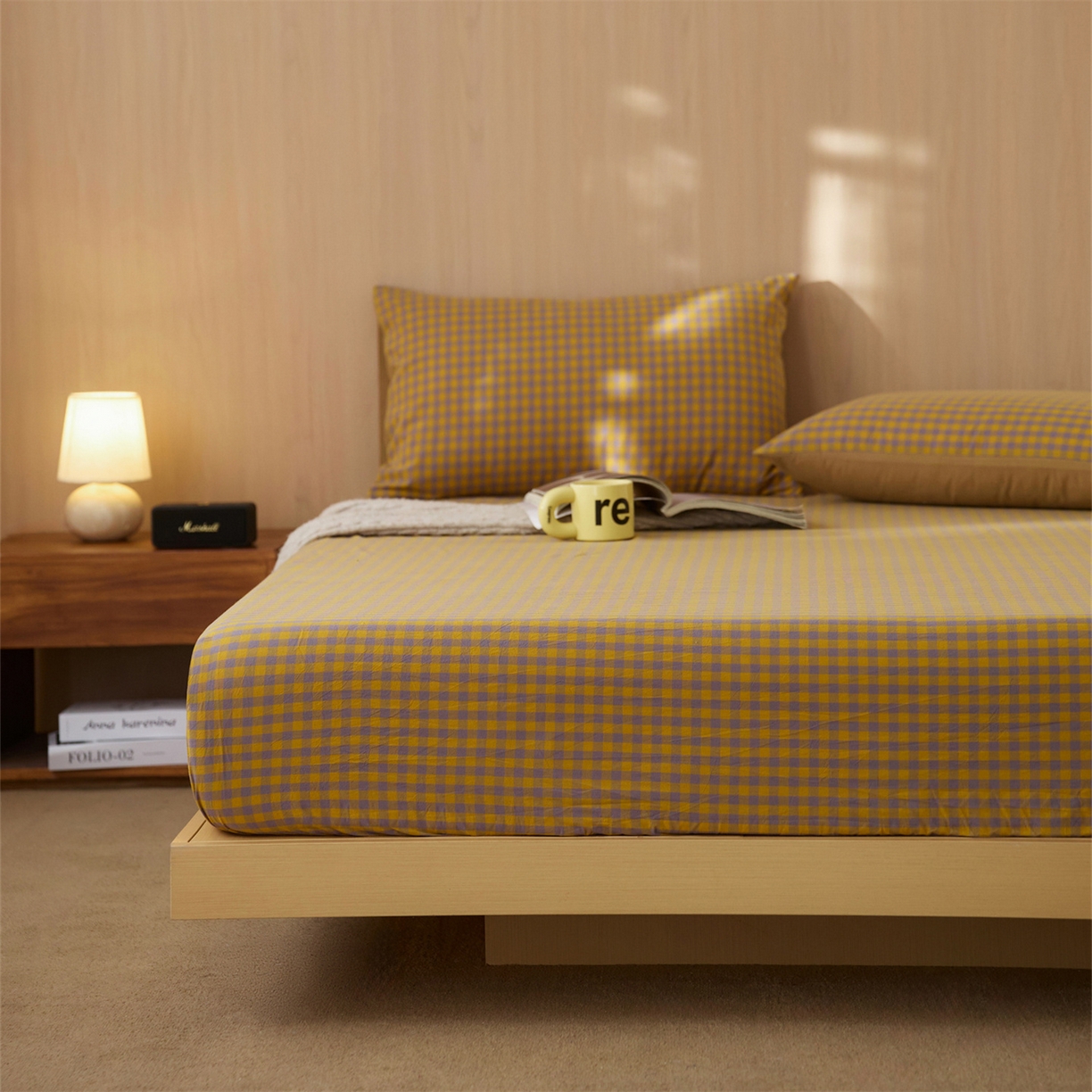 91家纺网 家纺一手货源 找家纺 启程家纺 2026新款纯棉水洗棉复古小格多规格系列单品床笠 复古小格-黄