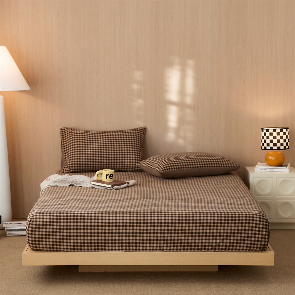 91家纺网 家纺一手货源 找家纺 启程家纺 2026新款纯棉水洗棉复古小格多规格系列单品床笠 复古小格-咖