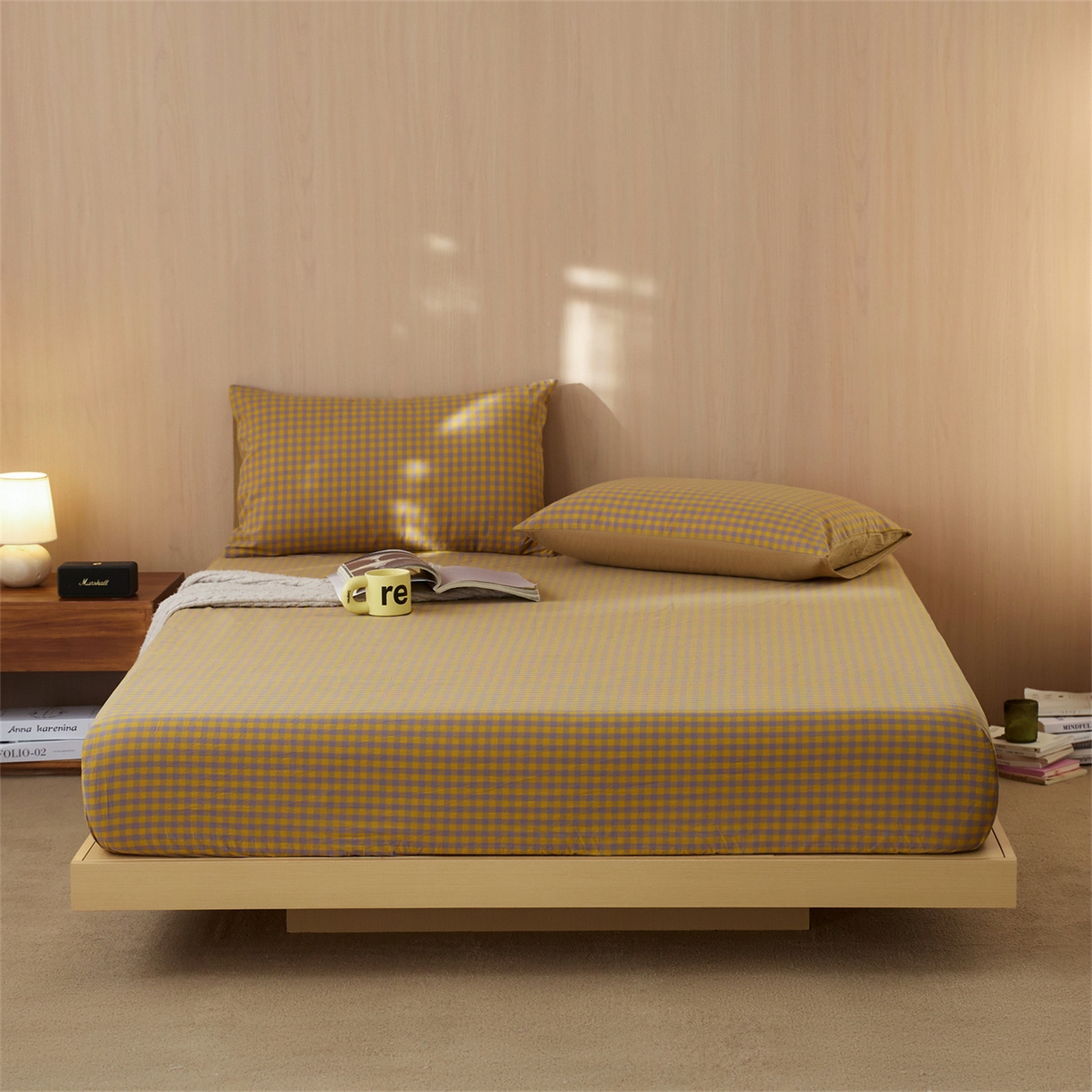 91家纺网 家纺一手货源 找家纺 启程家纺 2026新款纯棉水洗棉复古小格多规格系列单品床笠 复古小格-黄