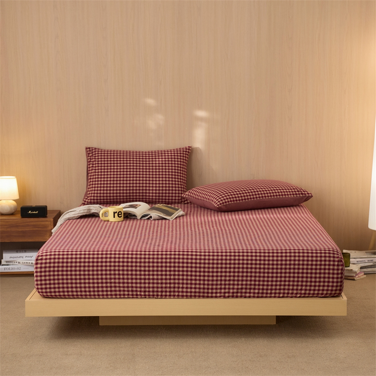 91家纺网 家纺一手货源 找家纺 启程家纺 2026新款纯棉水洗棉复古小格多规格系列单品床笠 复古小格-红