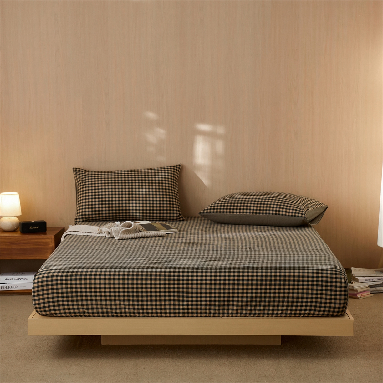 91家纺网 家纺一手货源 找家纺 启程家纺 2026新款纯棉水洗棉复古小格多规格系列单品床笠 复古小格-黑