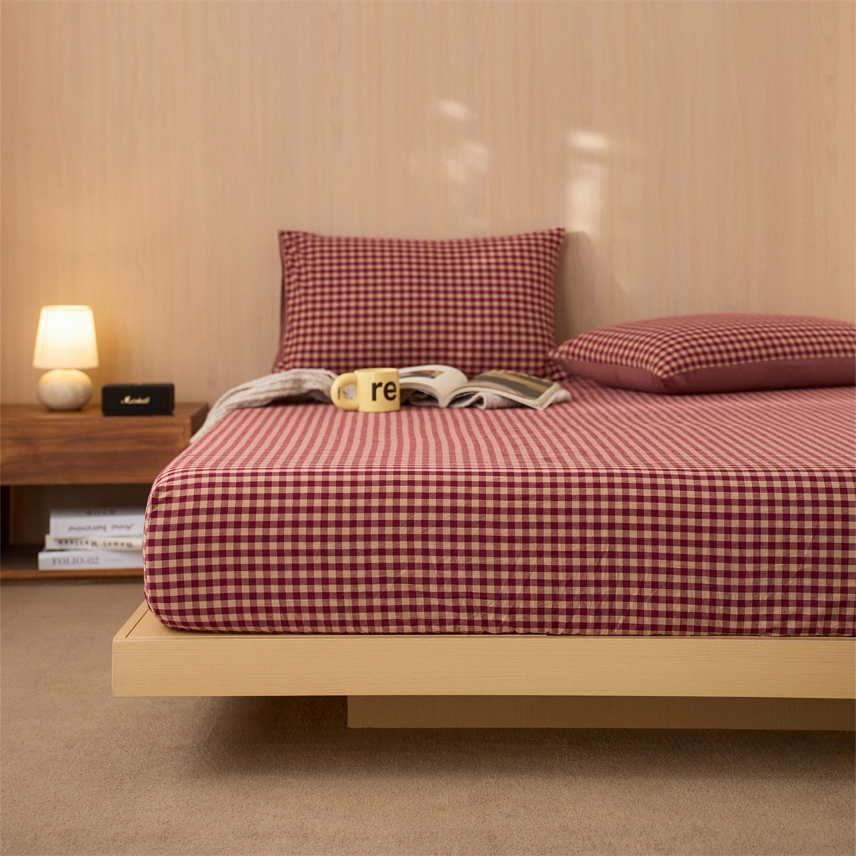 91家纺网 家纺一手货源 找家纺 启程家纺 2026新款纯棉水洗棉复古小格多规格系列单品床笠 复古小格-红