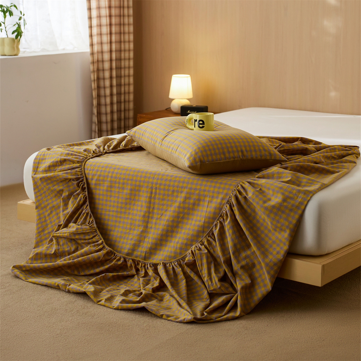 91家纺网 家纺一手货源 找家纺 启程家纺 2026新款纯棉水洗棉复古小格多规格系列单品床笠 复古小格-黄