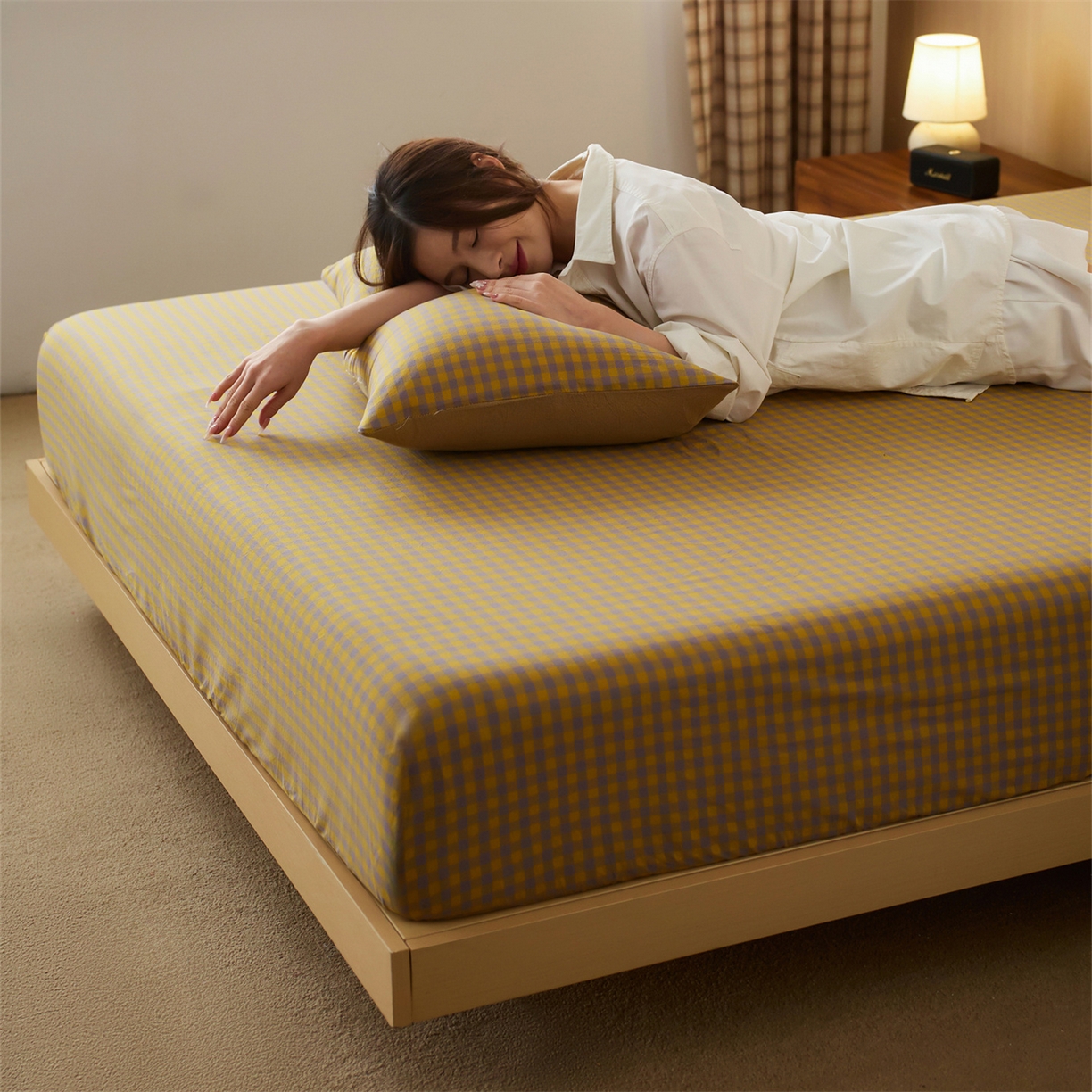 91家纺网 家纺一手货源 找家纺 启程家纺 2026新款纯棉水洗棉复古小格多规格系列单品床笠 复古小格-黄