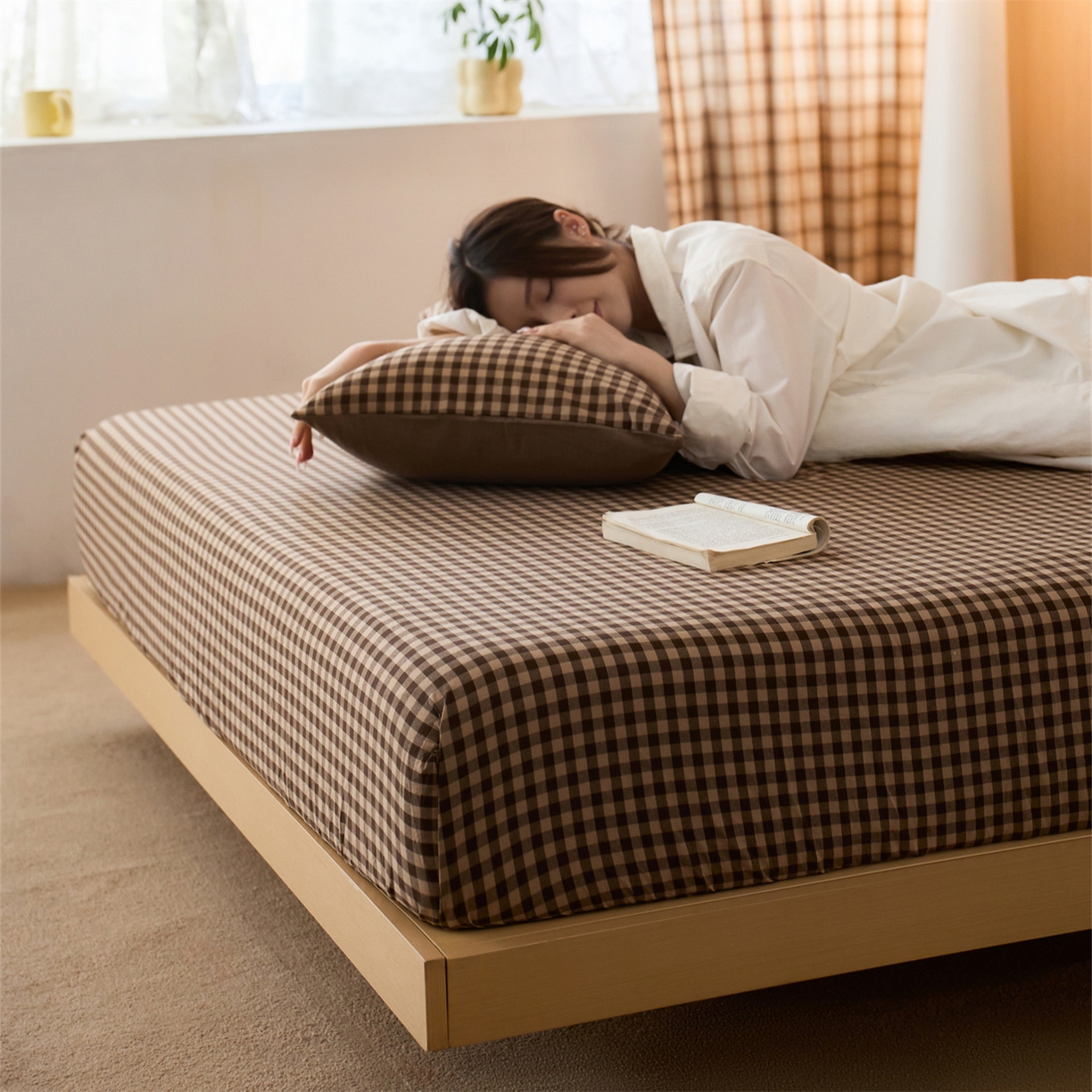 91家纺网 家纺一手货源 找家纺 启程家纺 2026新款纯棉水洗棉复古小格多规格系列单品床笠 复古小格-咖