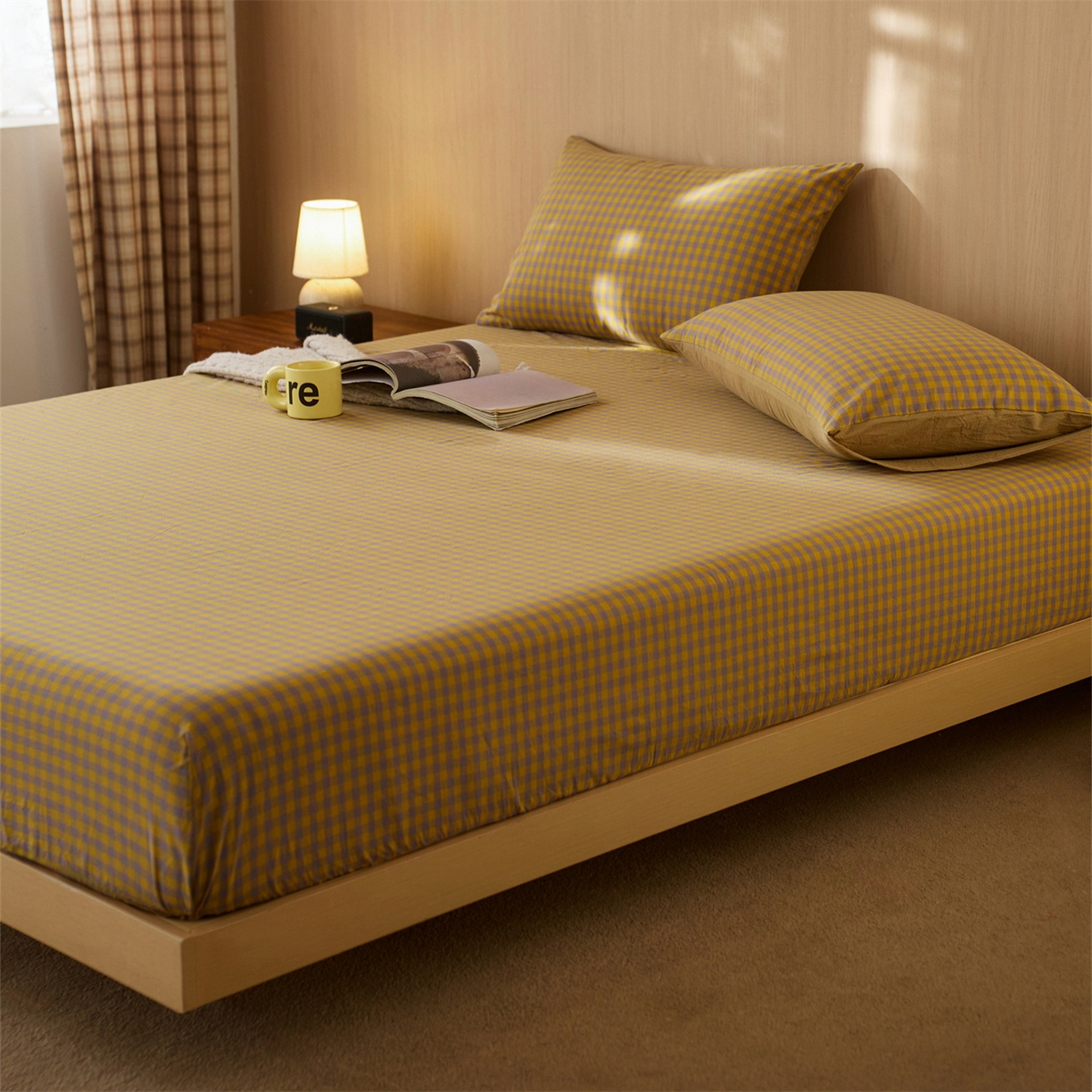 91家纺网 家纺一手货源 找家纺 启程家纺 2026新款纯棉水洗棉复古小格多规格系列单品床笠 复古小格-黄