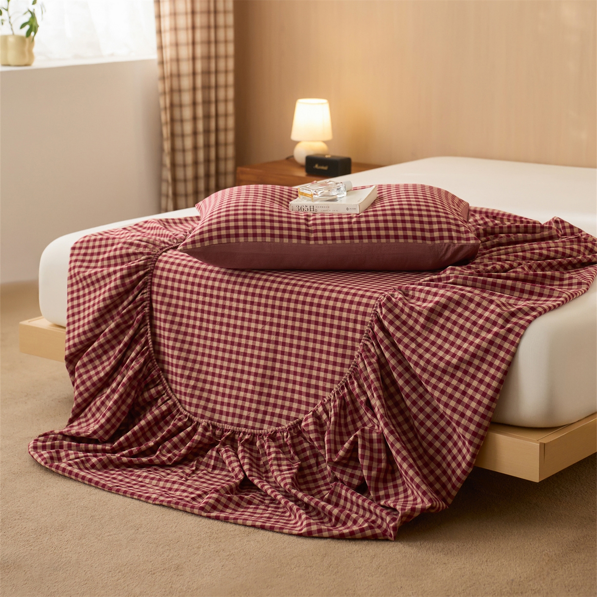 91家纺网 家纺一手货源 找家纺 启程家纺 2026新款纯棉水洗棉复古小格多规格系列单品床笠 复古小格-红