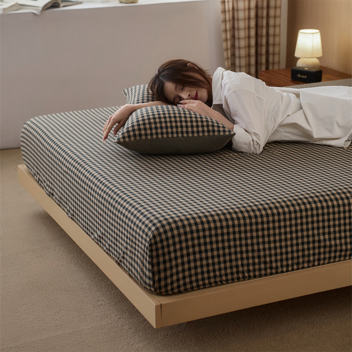 91家纺网 家纺一手货源 找家纺 启程家纺 2026新款纯棉水洗棉复古小格多规格系列单品床笠 复古小格-黑