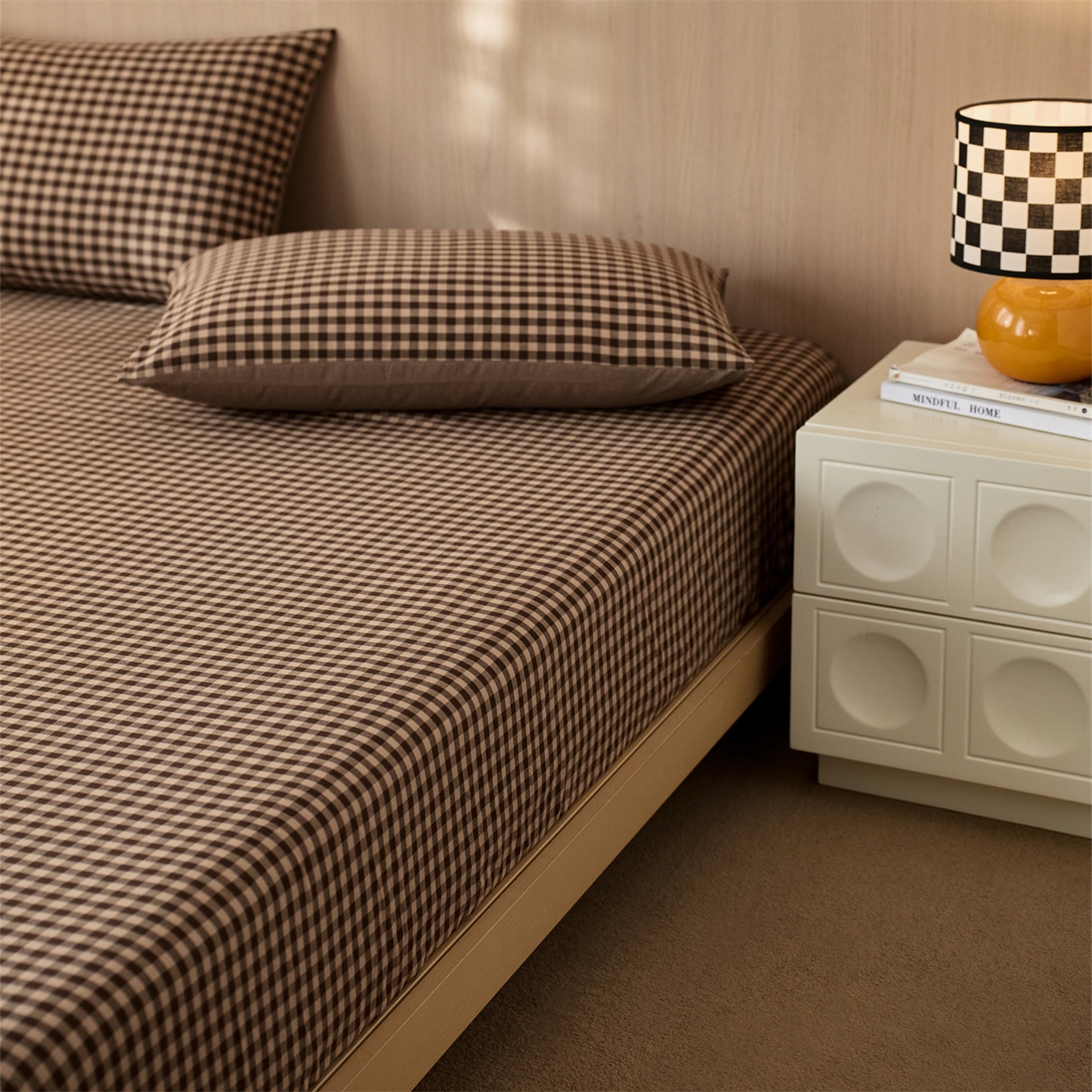 91家纺网 家纺一手货源 找家纺 启程家纺 2026新款纯棉水洗棉复古小格多规格系列单品床笠 复古小格-咖