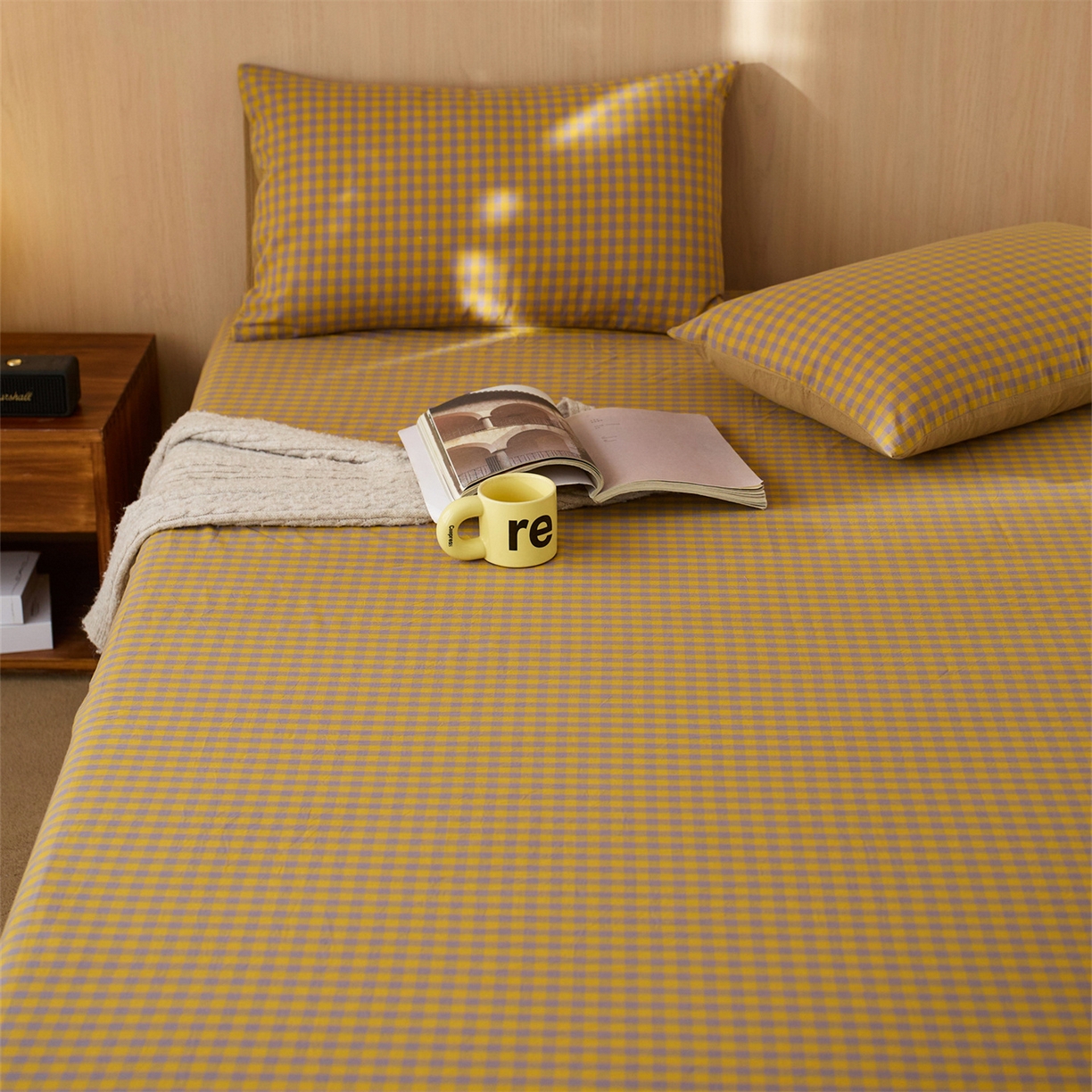 91家纺网 家纺一手货源 找家纺 启程家纺 2026新款纯棉水洗棉复古小格多规格系列单品床笠 复古小格-黄
