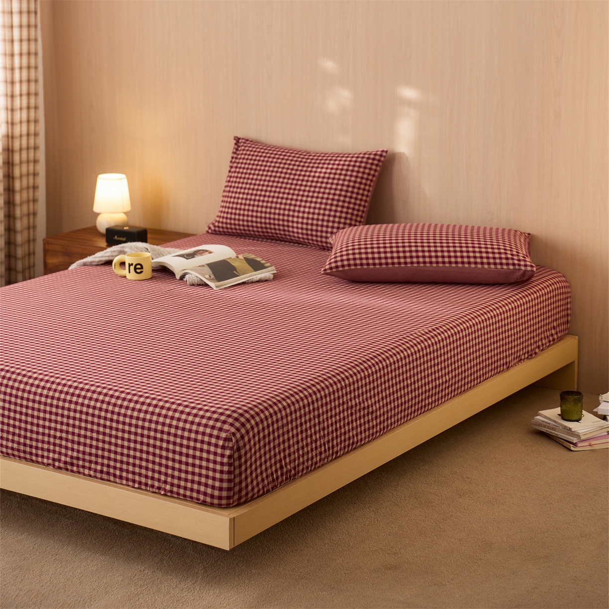 91家纺网 家纺一手货源 找家纺 启程家纺 2026新款纯棉水洗棉复古小格多规格系列单品床笠 复古小格-红