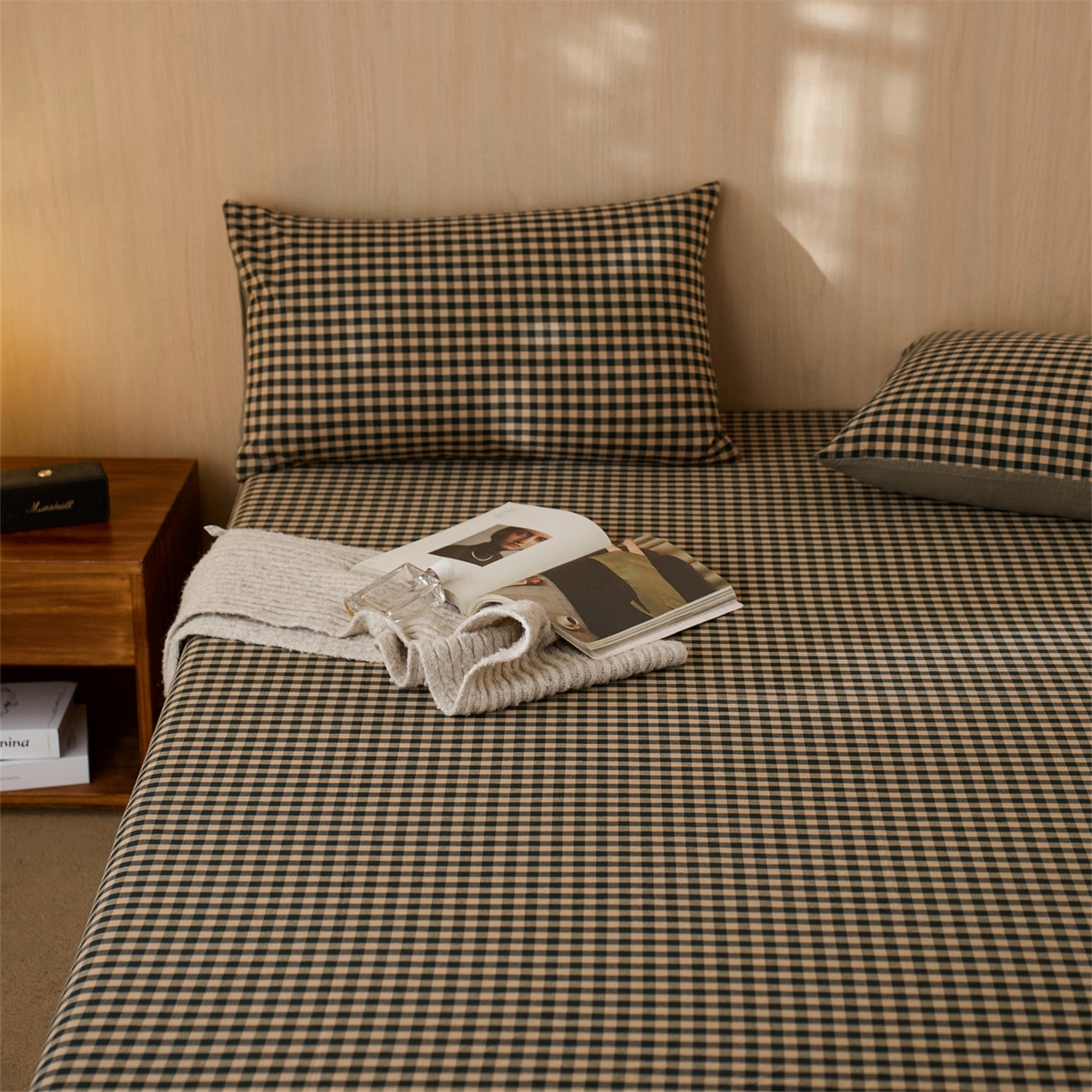 91家纺网 家纺一手货源 找家纺 启程家纺 2026新款纯棉水洗棉复古小格多规格系列单品床笠 复古小格-黑