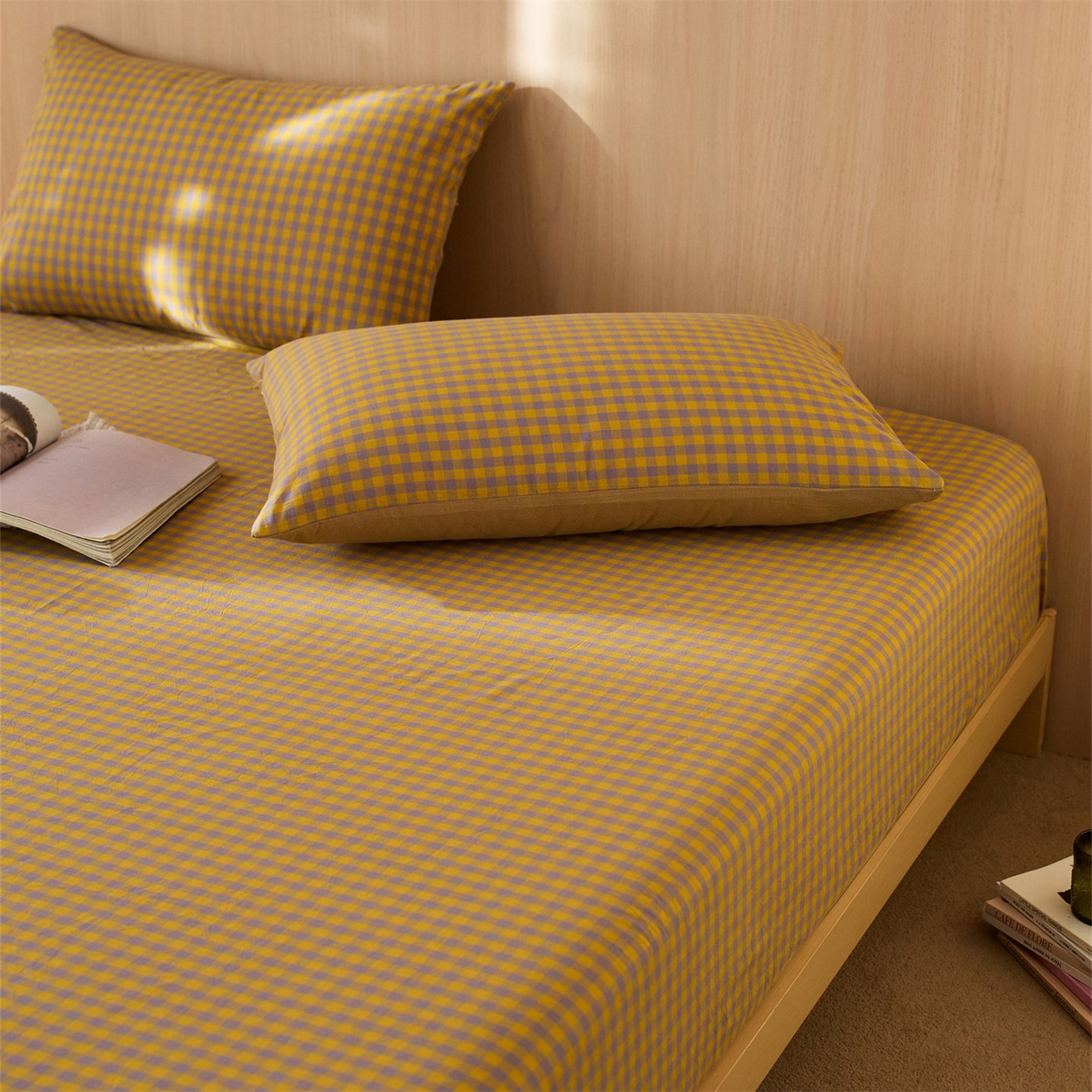 91家纺网 家纺一手货源 找家纺 启程家纺 2026新款纯棉水洗棉复古小格多规格系列单品床笠 复古小格-黄