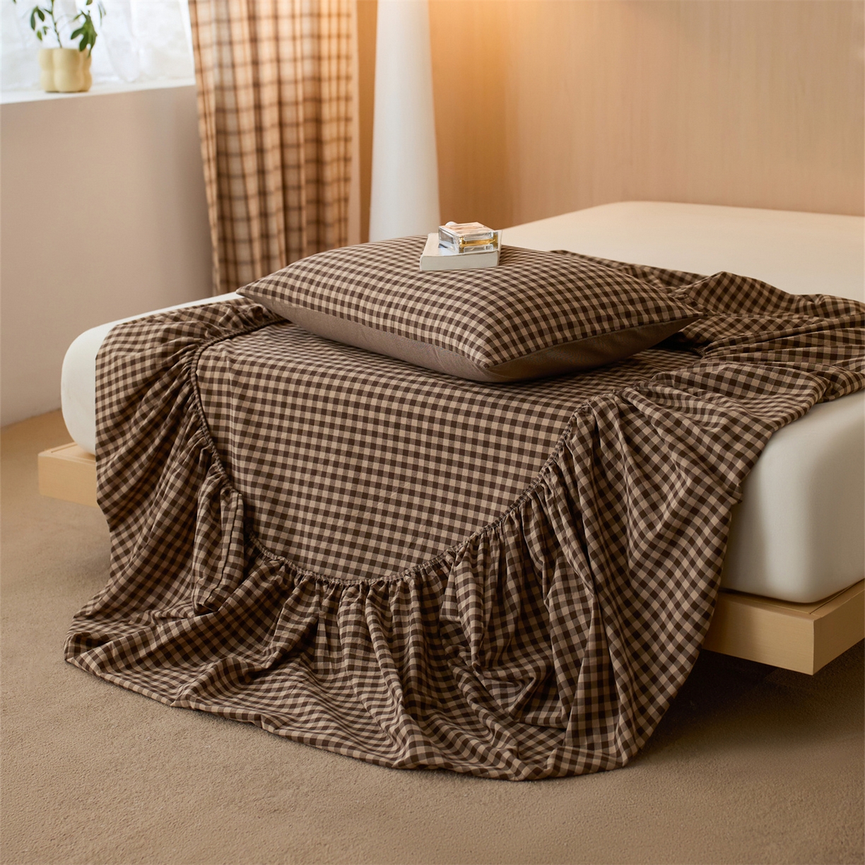 91家纺网 家纺一手货源 找家纺 启程家纺 2026新款纯棉水洗棉复古小格多规格系列单品床笠 复古小格-咖