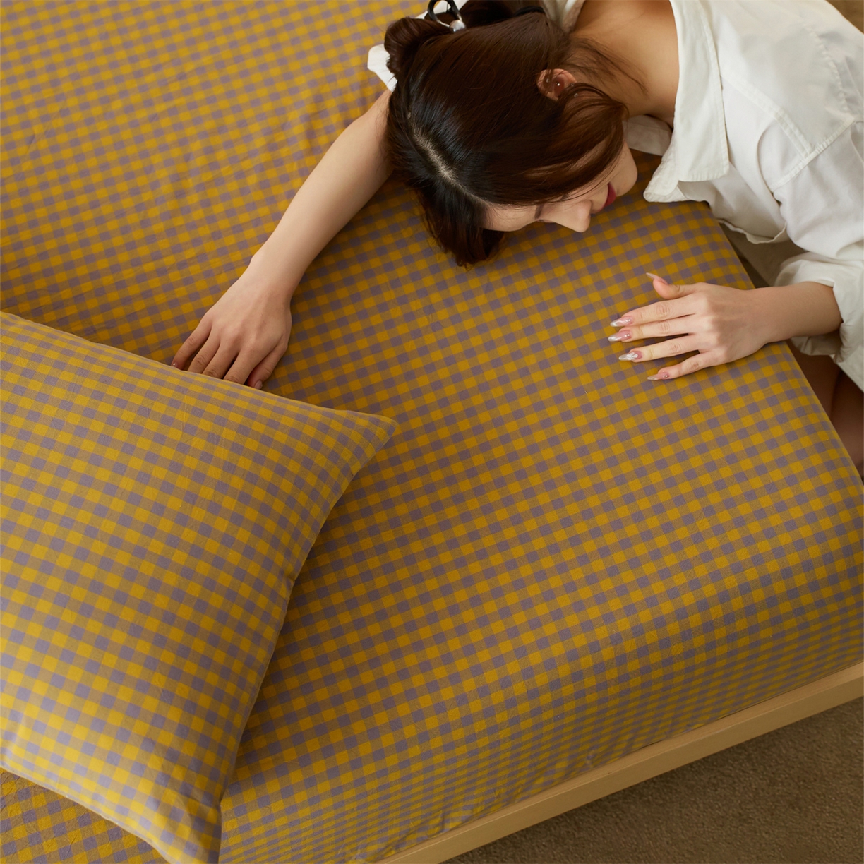 91家纺网 家纺一手货源 找家纺 启程家纺 2026新款纯棉水洗棉复古小格多规格系列单品床笠 复古小格-黄