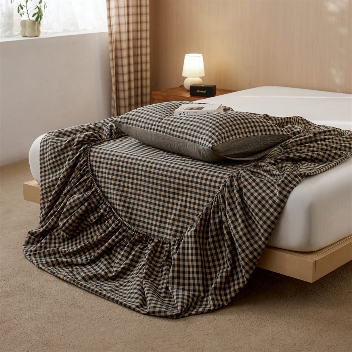 91家纺网 家纺一手货源 找家纺 启程家纺 2026新款纯棉水洗棉复古小格多规格系列单品床笠 复古小格-黑