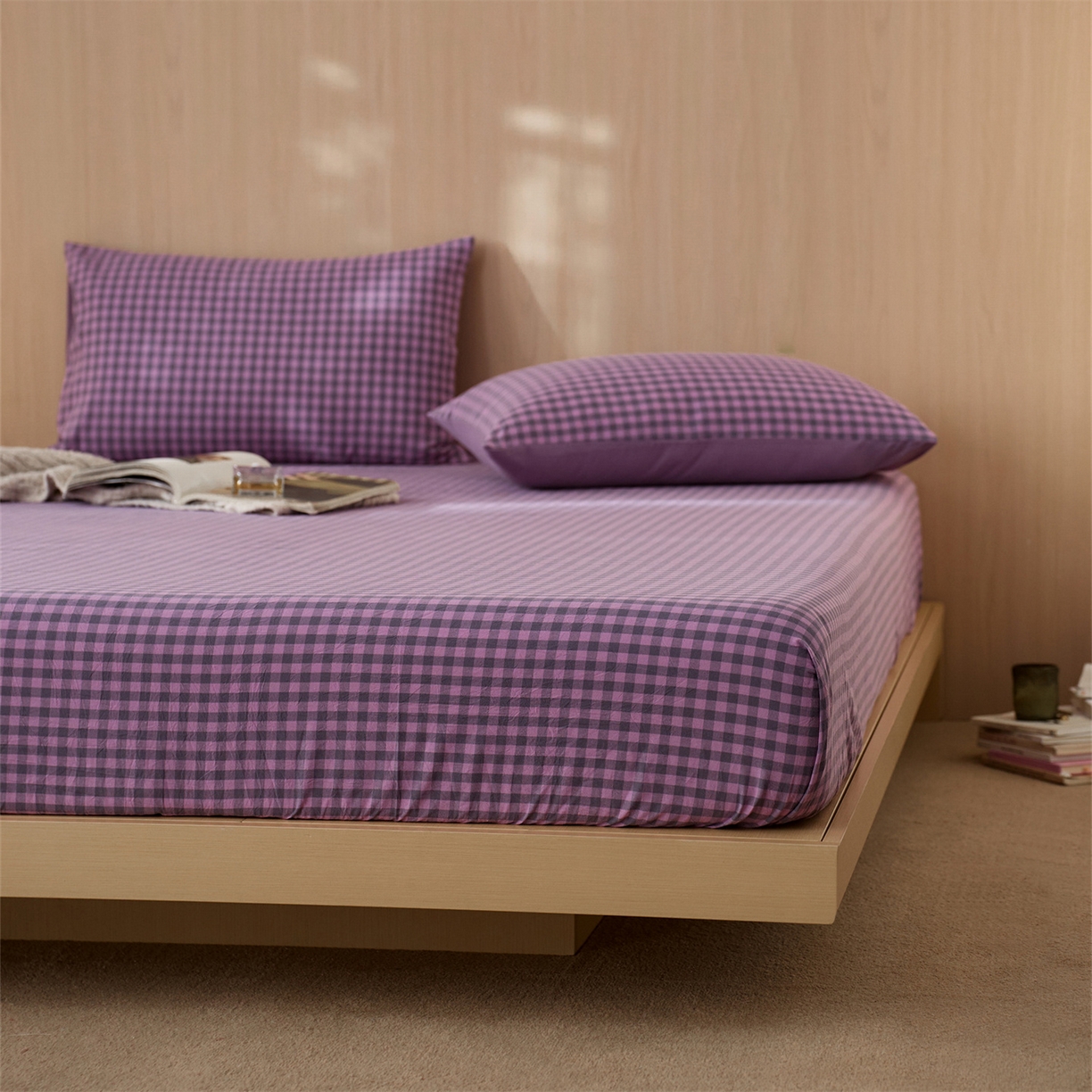 91家纺网 家纺一手货源 找家纺 启程家纺 2026新款纯棉水洗棉复古小格多规格系列单品床笠 复古小格-紫