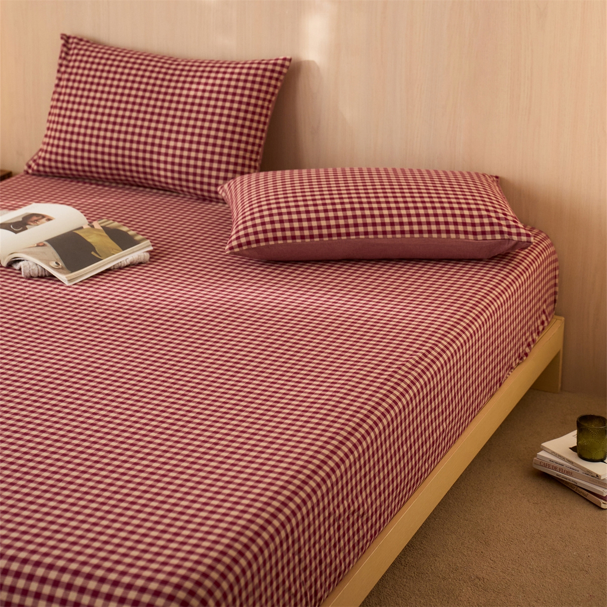 91家纺网 家纺一手货源 找家纺 启程家纺 2026新款纯棉水洗棉复古小格多规格系列单品床笠 复古小格-红