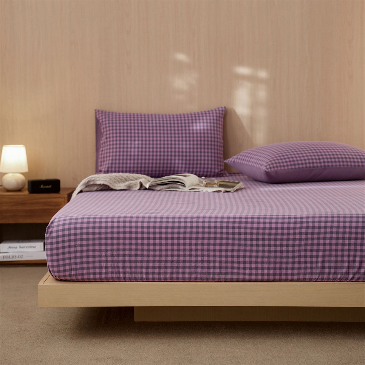 91家纺网 家纺一手货源 找家纺 启程家纺 2026新款纯棉水洗棉复古小格多规格系列单品床笠 复古小格-紫