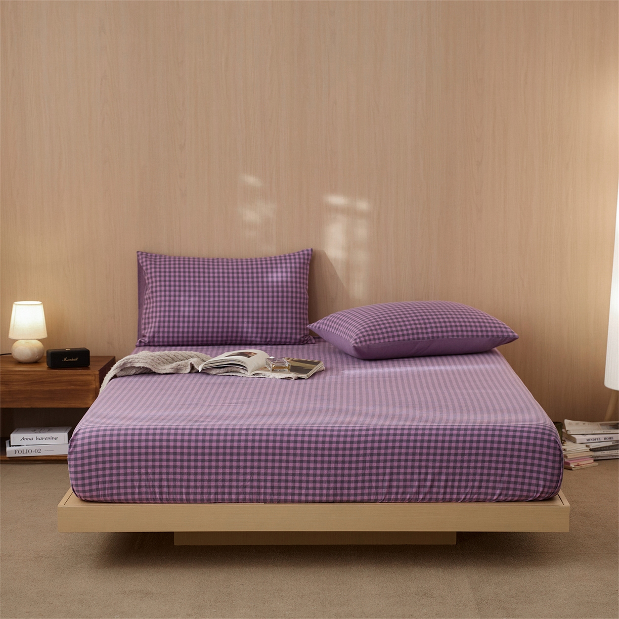 91家纺网 家纺一手货源 找家纺 启程家纺 2026新款纯棉水洗棉复古小格多规格系列单品床笠 复古小格-紫