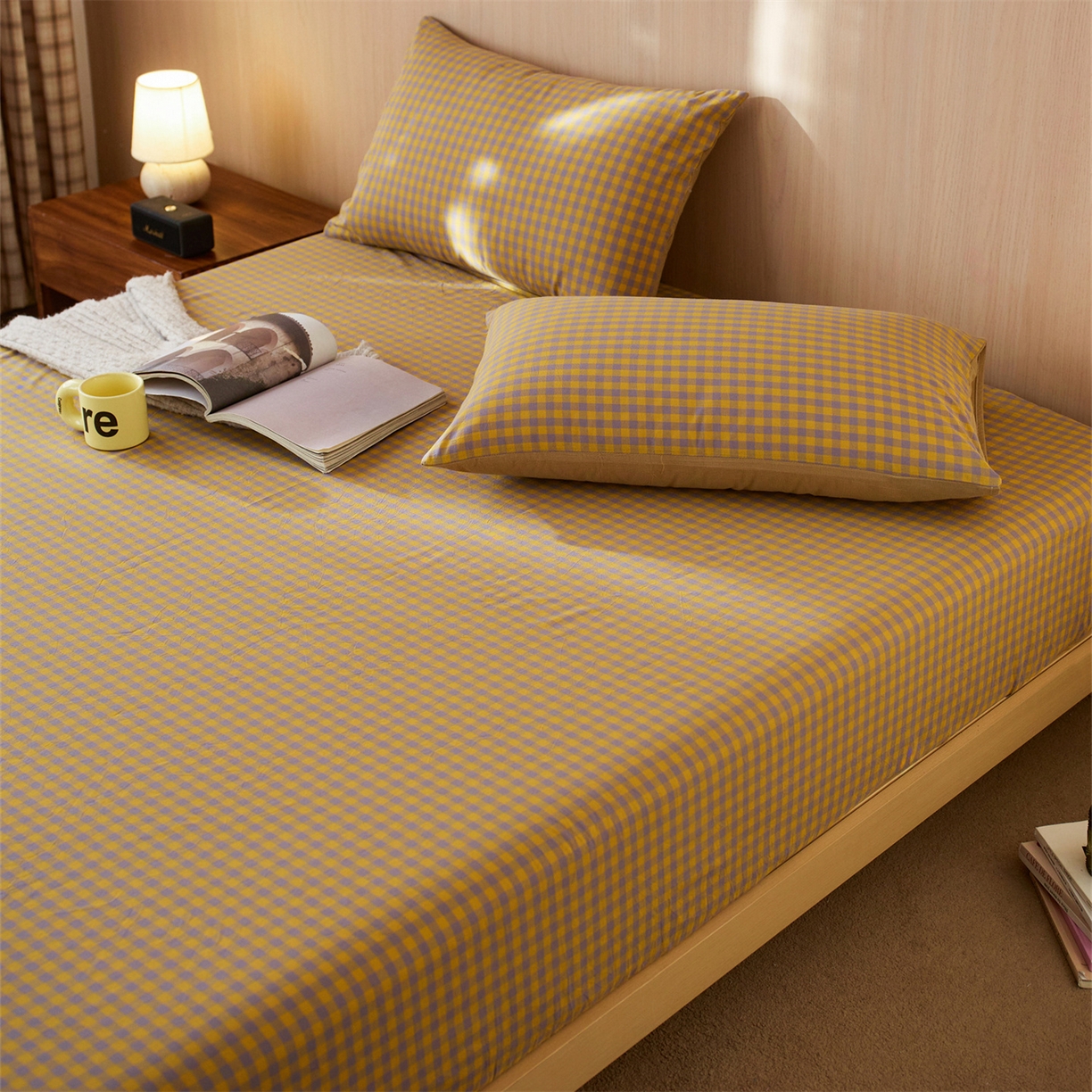 91家纺网 家纺一手货源 找家纺 启程家纺 2026新款纯棉水洗棉复古小格多规格系列单品床笠 复古小格-黄