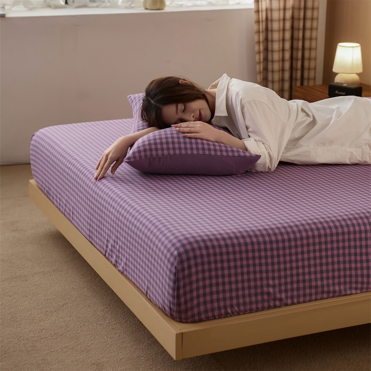 91家纺网 家纺一手货源 找家纺 启程家纺 2026新款纯棉水洗棉复古小格多规格系列单品床笠 复古小格-紫