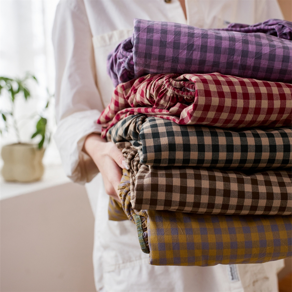 91家纺网 家纺一手货源 找家纺 启程家纺 2026新款纯棉水洗棉复古小格多规格系列单品床笠 组合图仅供展示