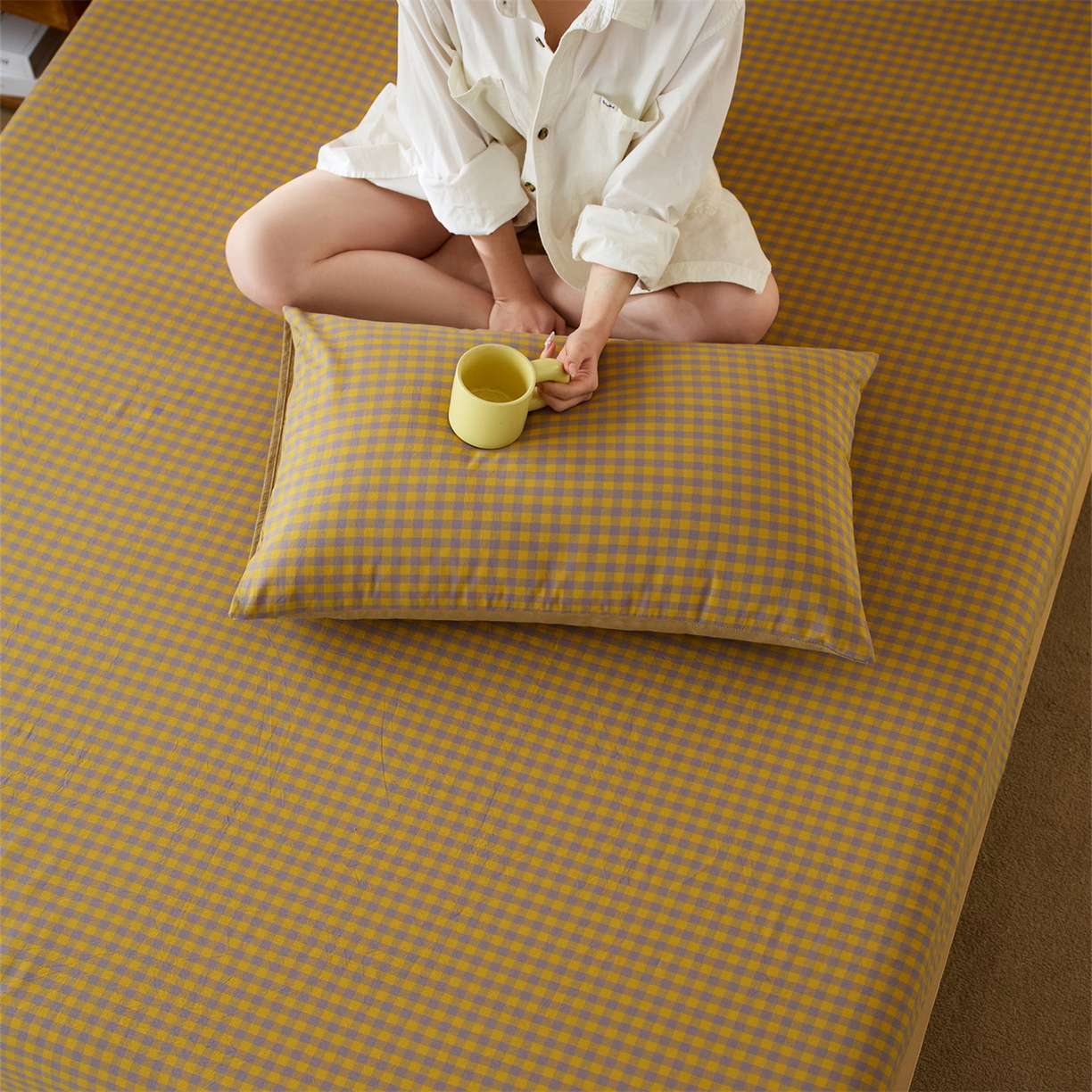 91家纺网 家纺一手货源 找家纺 启程家纺 2026新款纯棉水洗棉复古小格多规格系列单品床笠 复古小格-黄