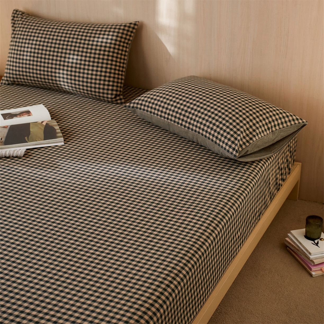 91家纺网 家纺一手货源 找家纺 启程家纺 2026新款纯棉水洗棉复古小格多规格系列单品床笠 复古小格-黑