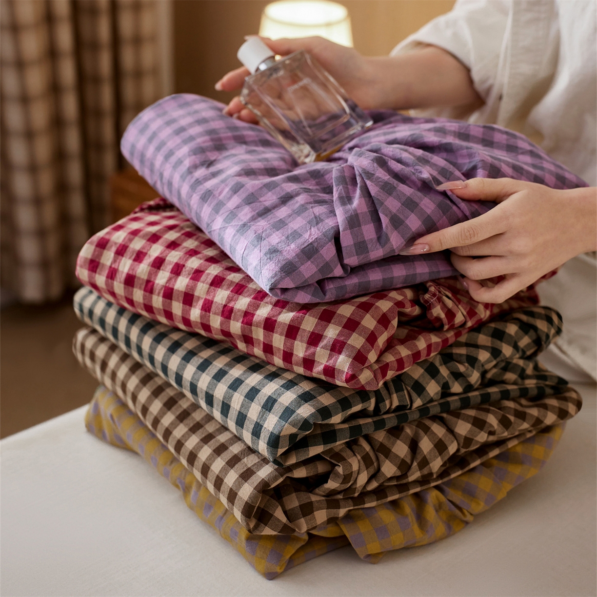 91家纺网 家纺一手货源 找家纺 启程家纺 2026新款纯棉水洗棉复古小格多规格系列单品床笠 组合图仅供展示