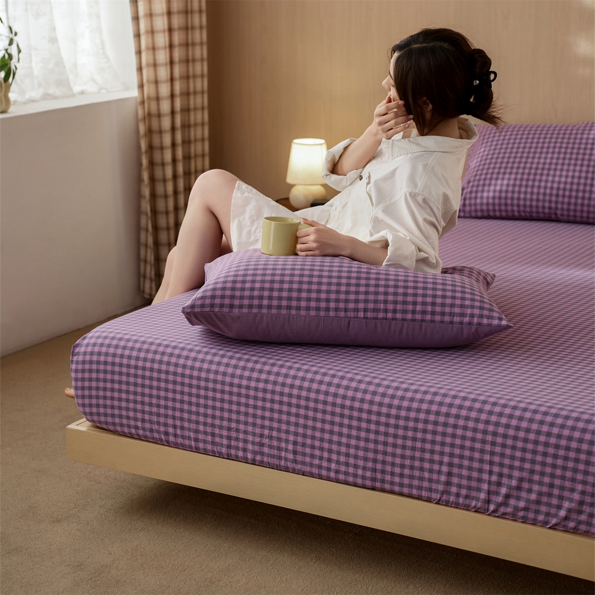 91家纺网 家纺一手货源 找家纺 启程家纺 2026新款纯棉水洗棉复古小格多规格系列单品床笠 复古小格-紫