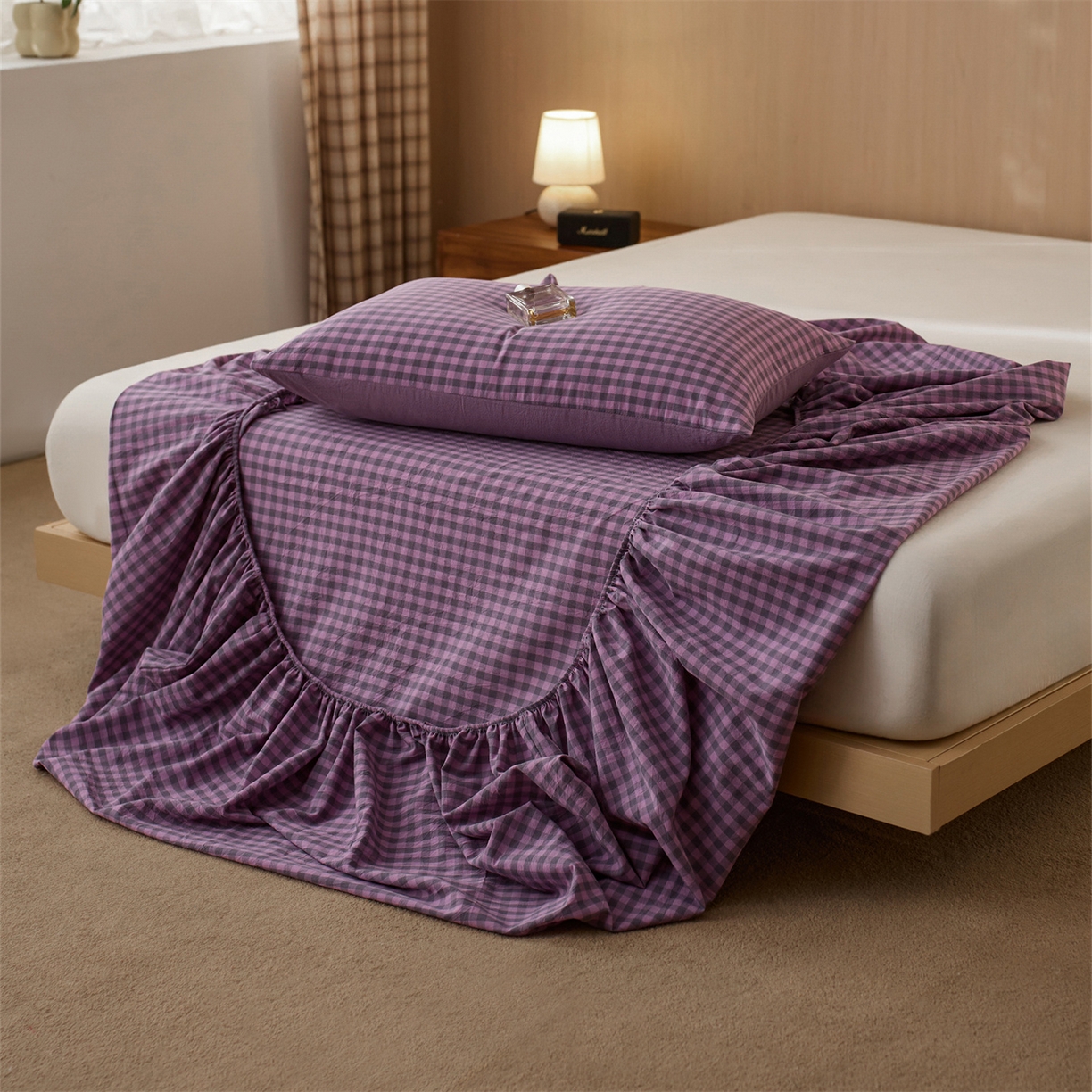 91家纺网 家纺一手货源 找家纺 启程家纺 2026新款纯棉水洗棉复古小格多规格系列单品床笠 复古小格-紫