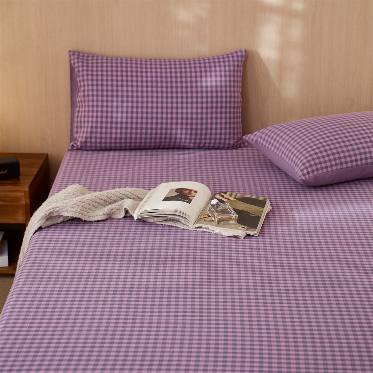 91家纺网 家纺一手货源 找家纺 启程家纺 2026新款纯棉水洗棉复古小格多规格系列单品床笠 复古小格-紫