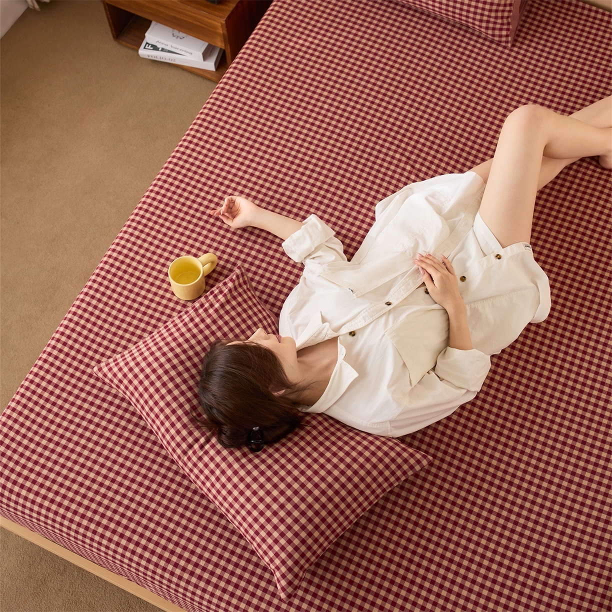 91家纺网 家纺一手货源 找家纺 启程家纺 2026新款纯棉水洗棉复古小格多规格系列单品床笠 复古小格-红