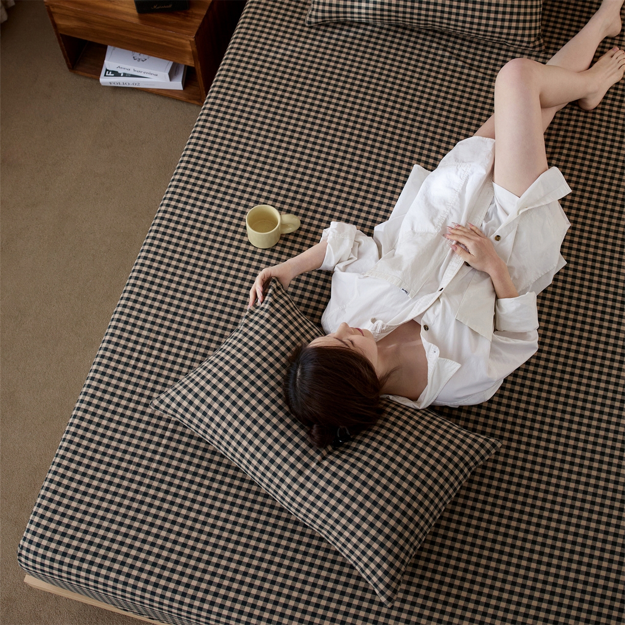 91家纺网 家纺一手货源 找家纺 启程家纺 2026新款纯棉水洗棉复古小格多规格系列单品床笠 复古小格-黑