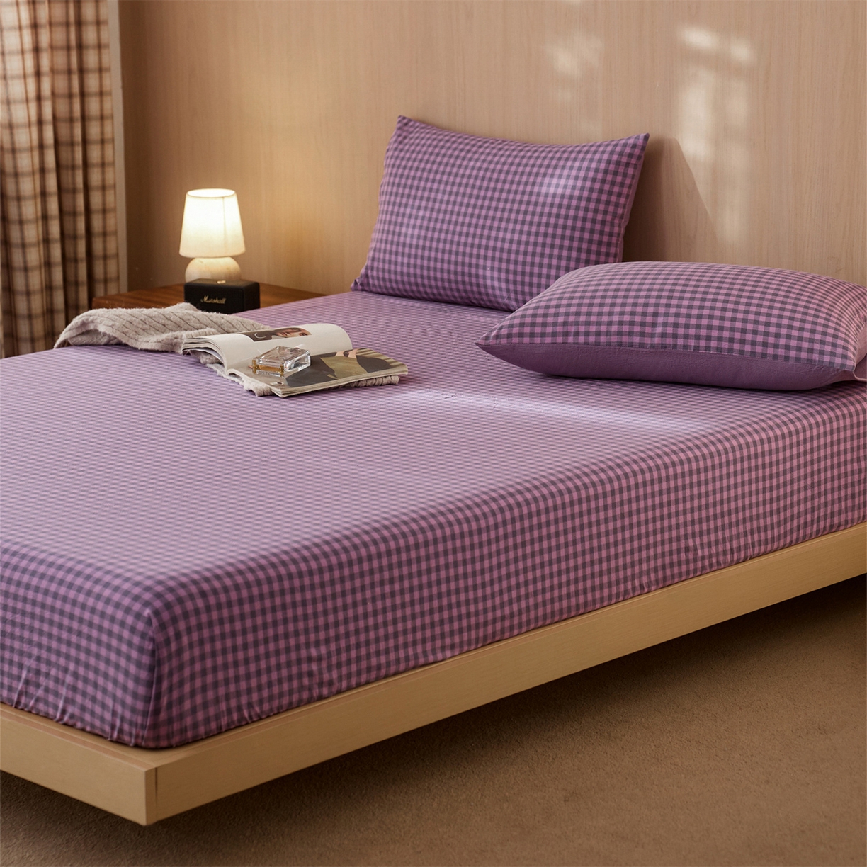 91家纺网 家纺一手货源 找家纺 启程家纺 2026新款纯棉水洗棉复古小格多规格系列单品床笠 复古小格-紫