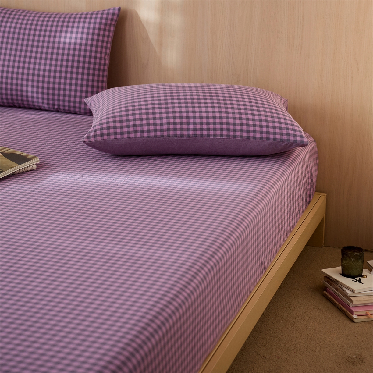 91家纺网 家纺一手货源 找家纺 启程家纺 2026新款纯棉水洗棉复古小格多规格系列单品床笠 复古小格-紫