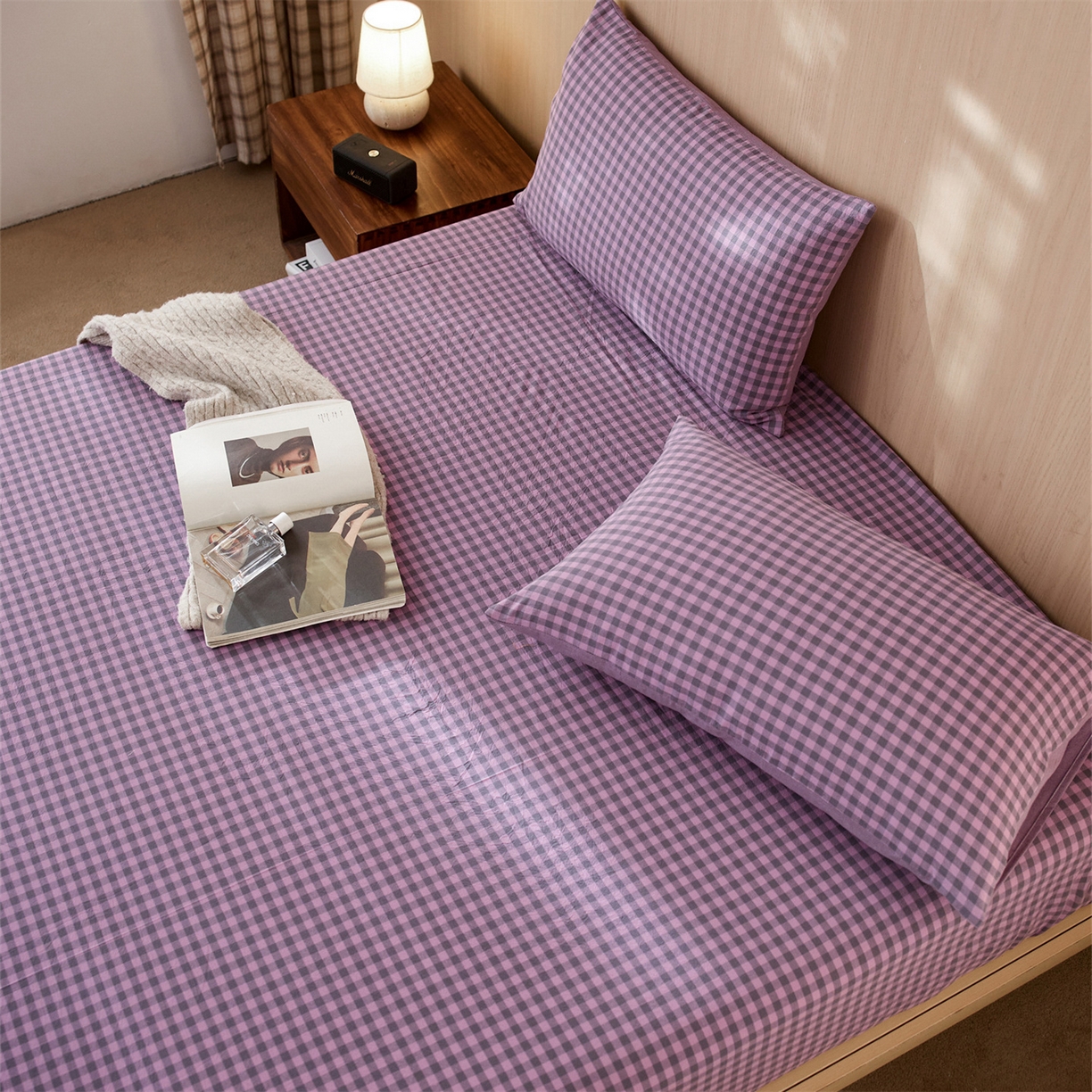 91家纺网 家纺一手货源 找家纺 启程家纺 2026新款纯棉水洗棉复古小格多规格系列单品床笠 复古小格-紫