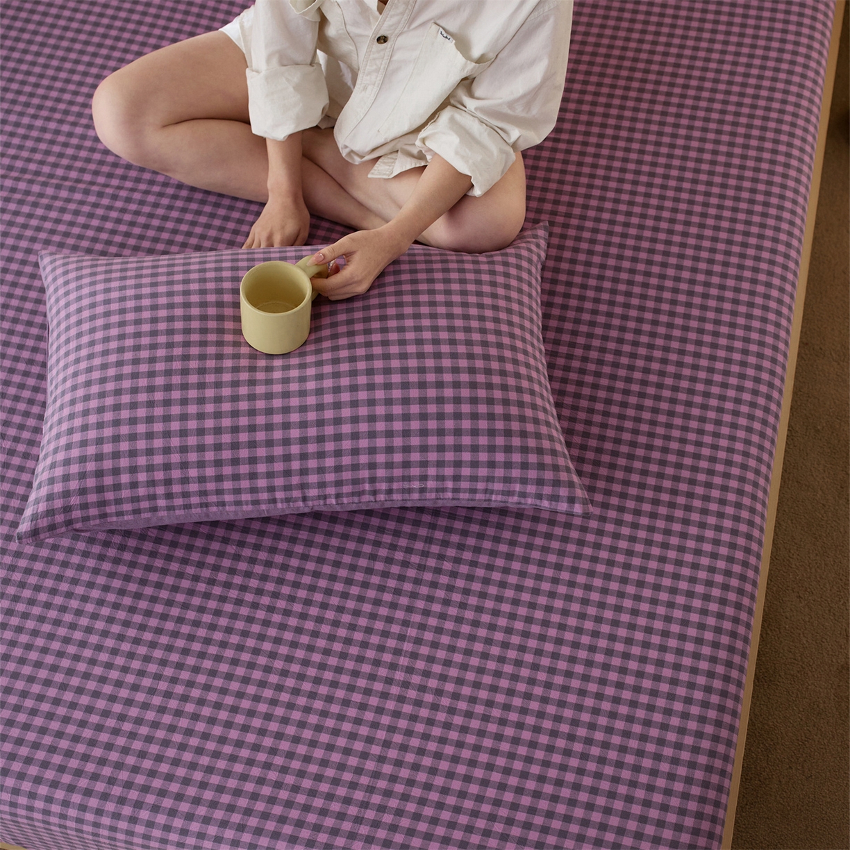 91家纺网 家纺一手货源 找家纺 启程家纺 2026新款纯棉水洗棉复古小格多规格系列单品床笠 复古小格-紫