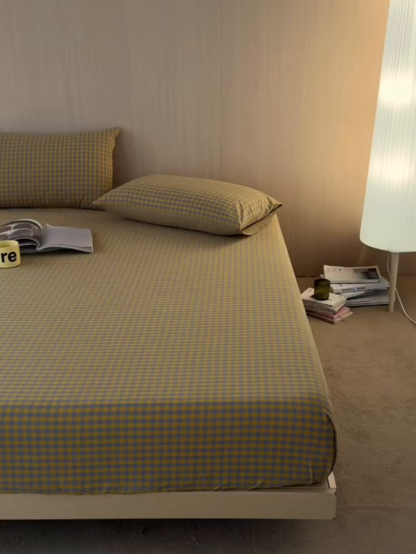 91家纺网 家纺一手货源 找家纺 启程家纺 2026新款纯棉水洗棉复古小格多规格系列单品床笠 复古小格-黄