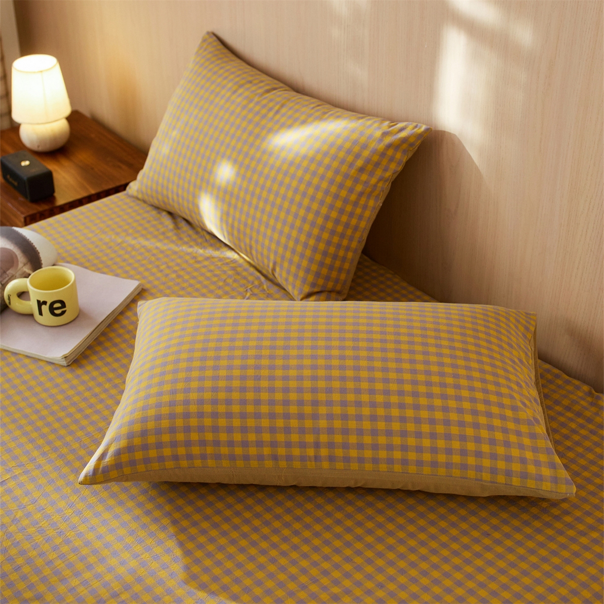 91家纺网 家纺一手货源 找家纺 启程家纺 2026新款纯棉水洗棉复古小格多规格系列单品枕套 复古小格-黄
