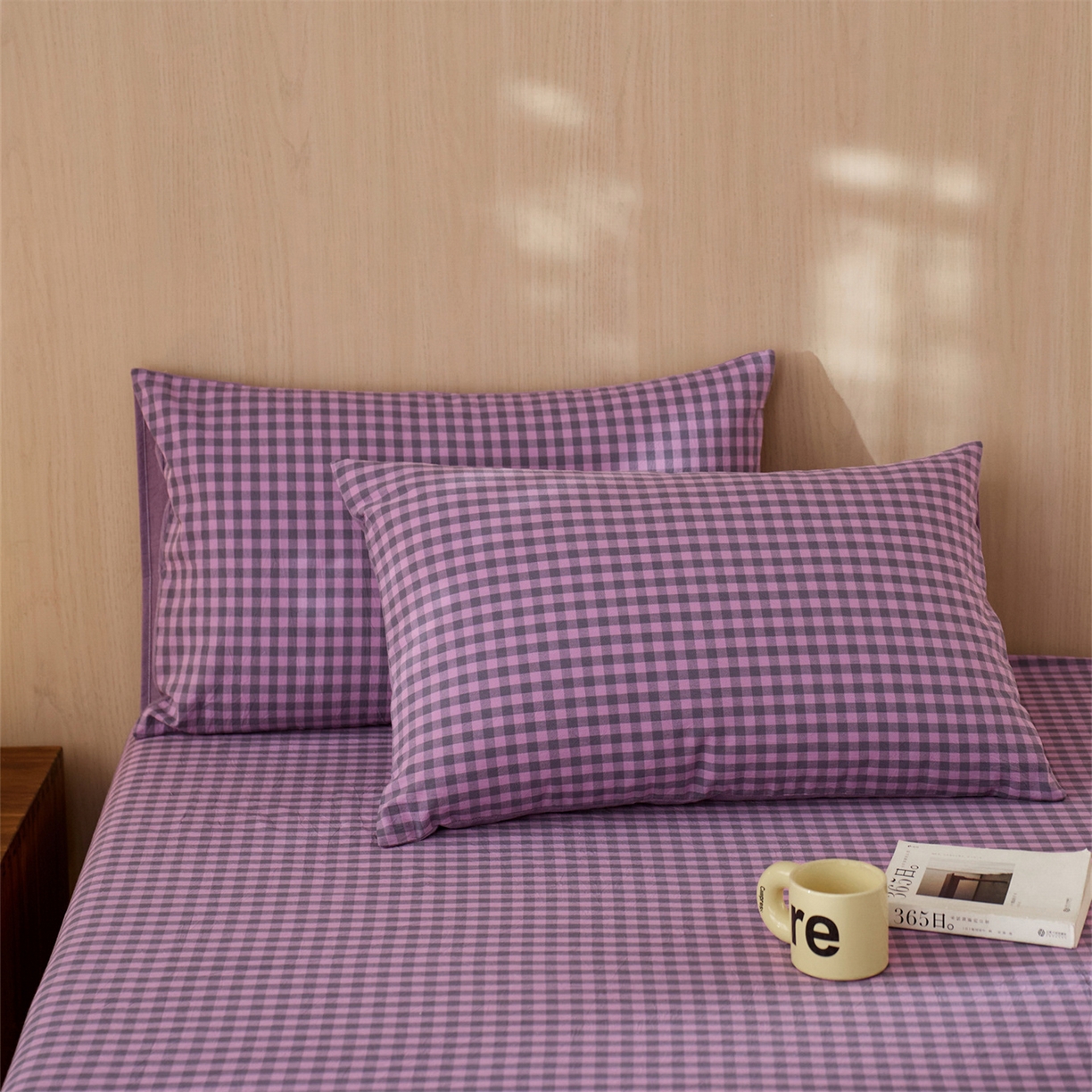 91家纺网 家纺一手货源 找家纺 启程家纺 2026新款纯棉水洗棉复古小格多规格系列单品枕套 复古小格-紫