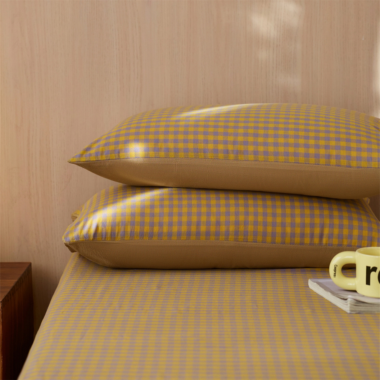 91家纺网 家纺一手货源 找家纺 启程家纺 2026新款纯棉水洗棉复古小格多规格系列单品枕套 复古小格-黄