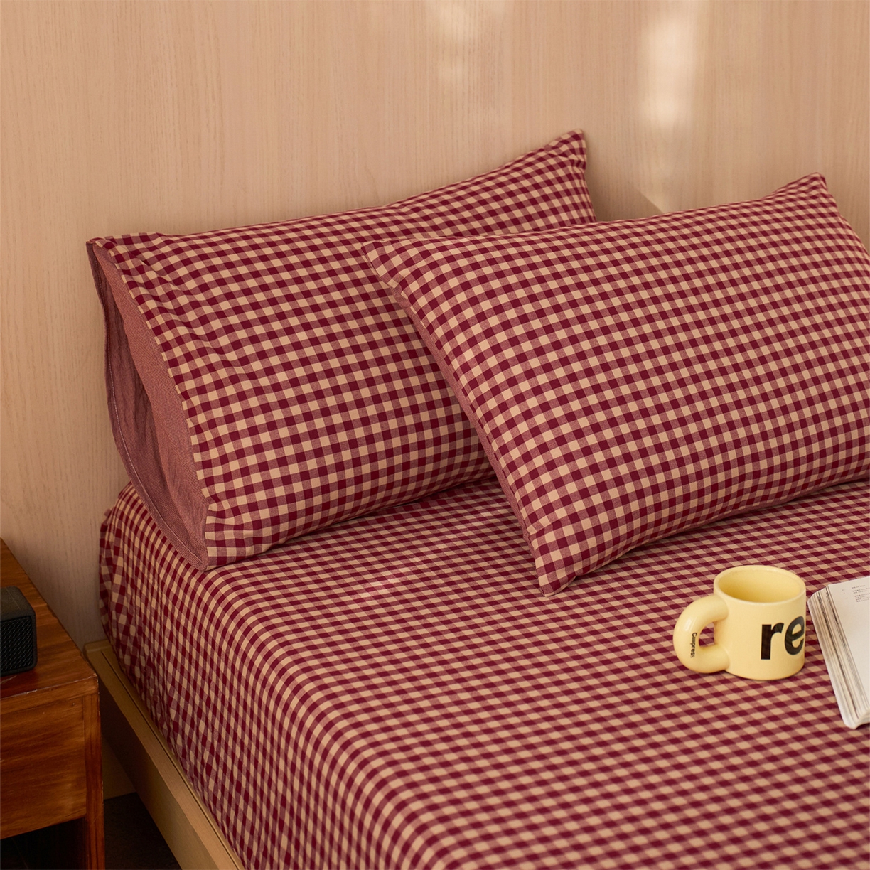 91家纺网 家纺一手货源 找家纺 启程家纺 2026新款纯棉水洗棉复古小格多规格系列单品枕套 复古小格-红