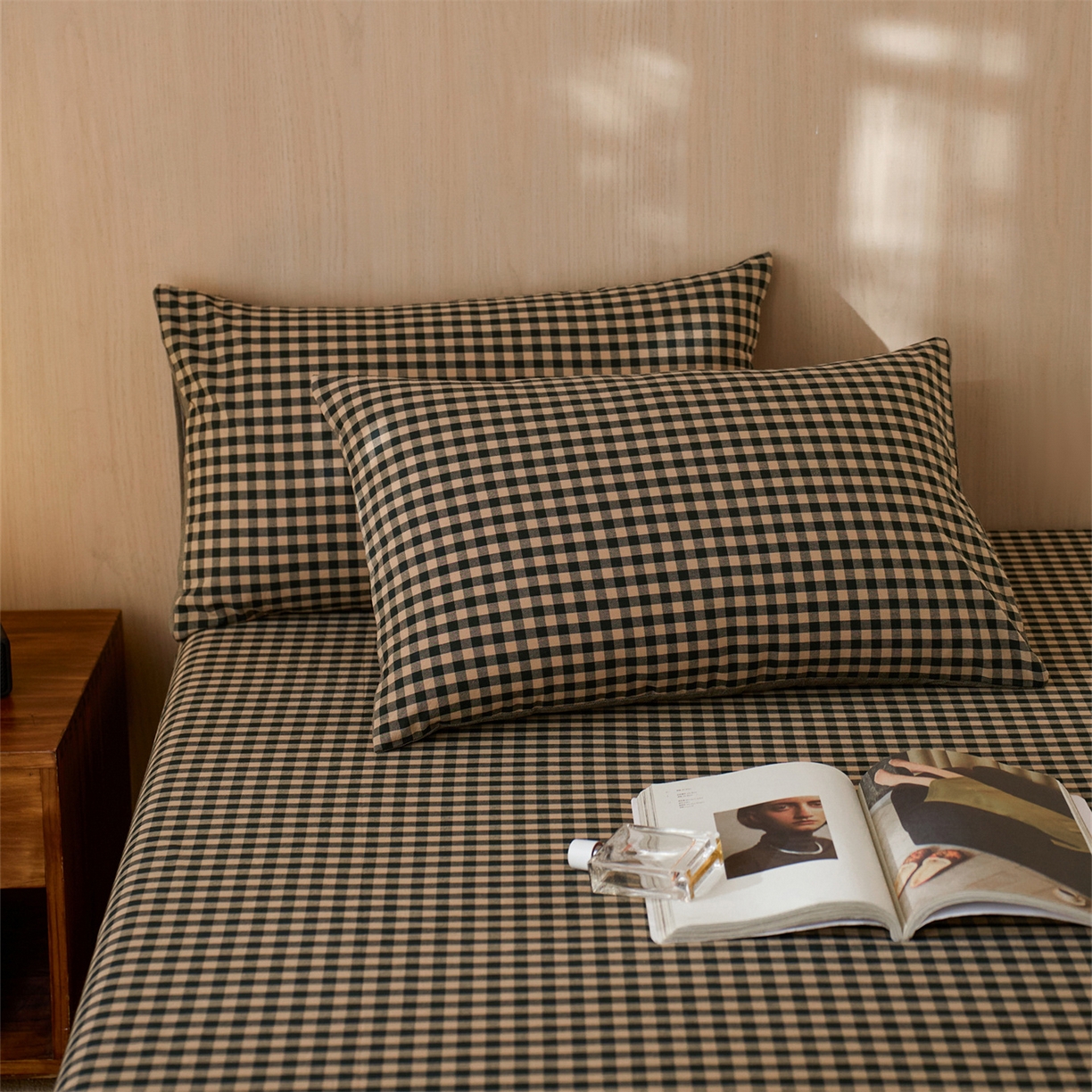 91家纺网 家纺一手货源 找家纺 启程家纺 2026新款纯棉水洗棉复古小格多规格系列单品枕套 复古小格-黑